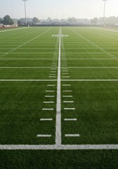 Fototapeta premium Photo of Green Football Field With White Lines Sunny Day Perspective