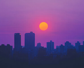 Silhouetted cityscape at sunset, a large, vibrant orange sun dominating a purple and pink sky.  Buildings of varying heights stand in contrast against the warm, colorful evening light
