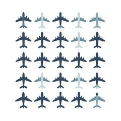 Airplane icon set. Aircraft vector sign. Airport arrival departure symbol. Plane icon set. Airplane icon vector. Flight transport symbol. Travel illustration. Holiday symbol. 
