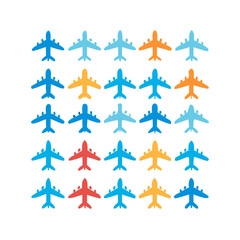 Airplane icon set. Aircraft vector sign. Airport arrival departure symbol. Plane icon set. Airplane icon vector. Flight transport symbol. Travel illustration. Holiday symbol. 
