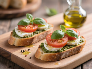 Tomato Mozzarella Pesto Bruschetta with Basil