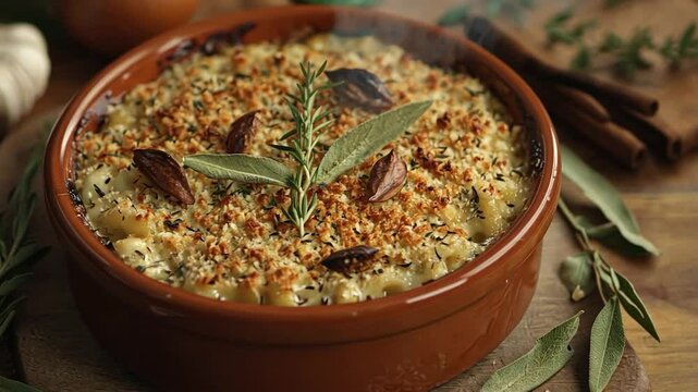 Baked pasta dish with crunchy topping, herbs, and roasted garlic