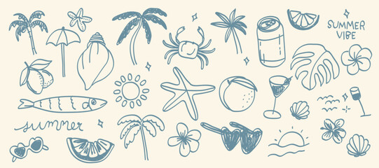 Indigo Italian hand drawn summer element vector set. Coconut Tree, shell, fish, hibiscus, monstera, lemon, sunglasses, wine, crab, sea. Design for decorative, card, cover, poster, product deco. © babeer
