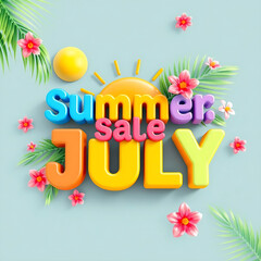 Obraz premium 3D colorful ‘Summer Sale July’ with sun and pink flowers