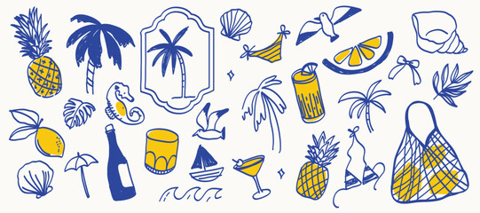 Indigo Italian hand drawn summer element vector set. Coconut Tree, pineapple, seahorse, wine, bikini, foliage, shell, bird, boat. Design for decorative, card, cover, poster, product deco. © babeer