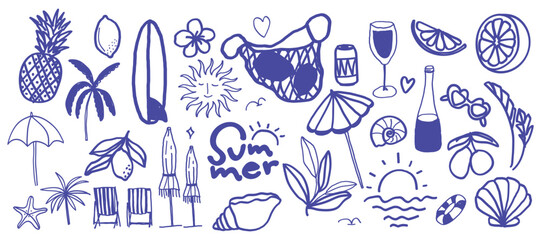 Indigo Italian hand drawn summer element vector set. Coconut Tree, pineapple, wine, sheel, lemon, foliage, sun, umbrella. Design for decorative, card, cover, poster, product deco.