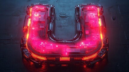 Illuminated letter "U" shines with complex internal circuits and red-pink neon glow on dark background
