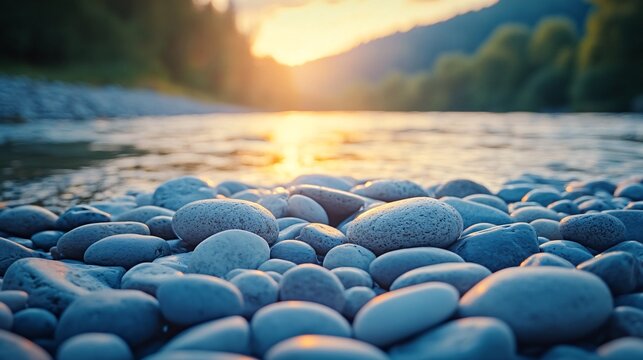 Pebble surface macro, riverbank background