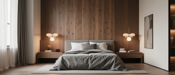 Modern Bedroom with Wooden Accent Wall and Pendant Lights