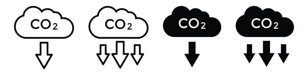 CO2 Emissions and Reduction Icon Set – Black Vector Cloud Symbols for Carbon Footprint and Climate , vector illustration.