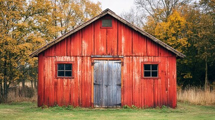 Naklejka premium Rustic red wooden barn standing in a grassy field surrounded by colorful golden autumn trees during the fall season