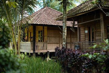 Traditional wooden houses with tiled roofs surrounded by tropical plants, evoking a peaceful rural...