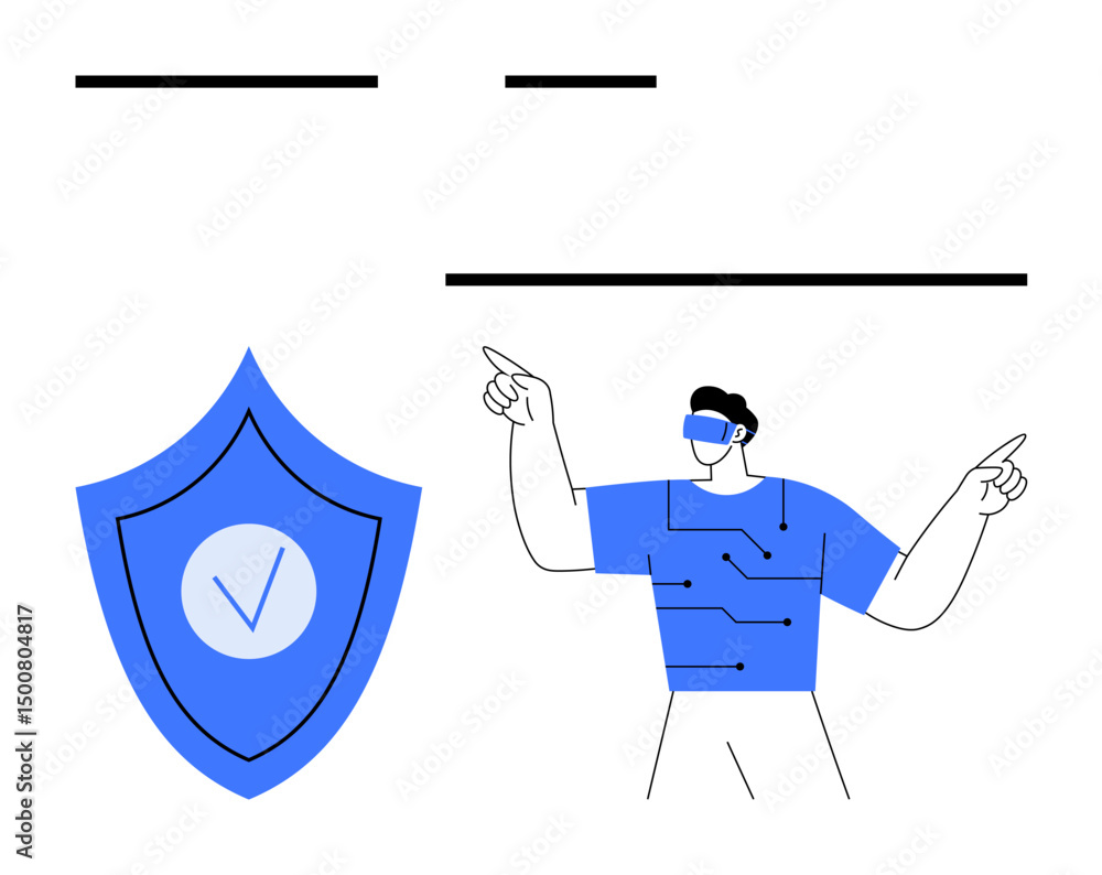 Aufkleber man engaging with virtual reality in a blue-tech outfit points outward while a shield with a checkma