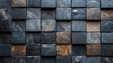 Abstract architectural background of a modern wall with textured square slate stone blocks in a dark gray and rustic brown mosaic pattern
