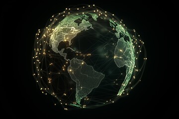 A global network visualization, showing Earth from space with interconnected glowing points, representing a global telecommunications or data network