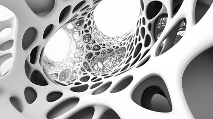 Abstract architectural design with intricate lattice patterns.