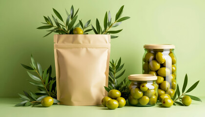 Juicy green olives in glass jars and eco-friendly packaging decorated with green leaves. Concept of product preservation, vegetable pickling, product fermentation. Space for text.