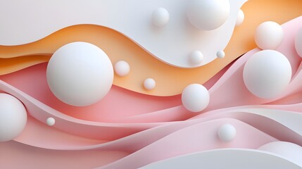 Pastel-colored abstract design with layered shapes and spheres.