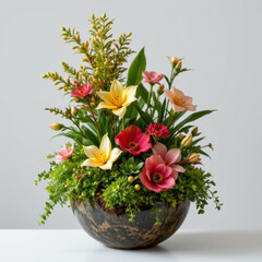 Obraz premium Vibrant floral arrangement featuring colorful flowers in decorative bowl, perfect for home decor