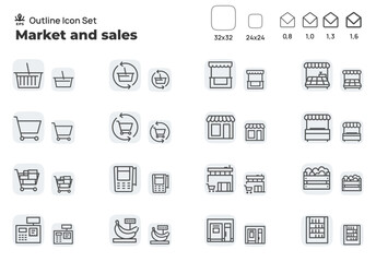 Retail trade and small business. Concept editable stroke outline icons set isolated on white background flat vector illustration. Pixel perfect