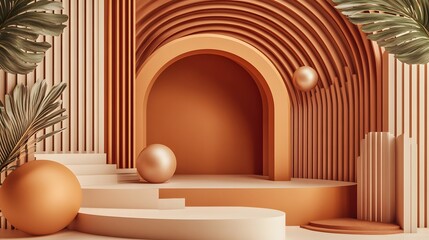 Warm terracotta and beige architectural display space with geometric shapes and plants.