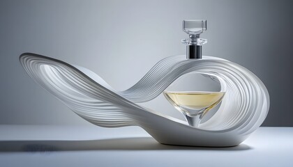 Elegant white display stand for a glass perfume bottle.