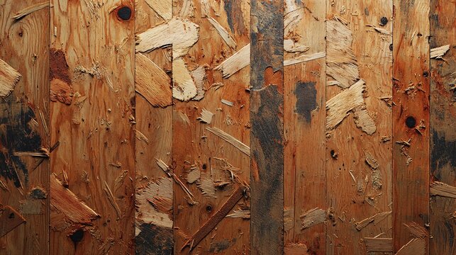Detailed macro view of a rustic Oriented Strand Board wood panel, showcasing a textured pattern of pressed chips for backgrounds