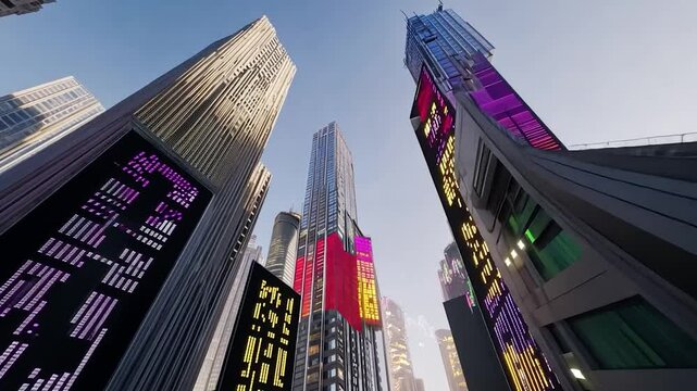 Skyscrapers with illuminated stock tickers dominate a city streetscape at dawn
