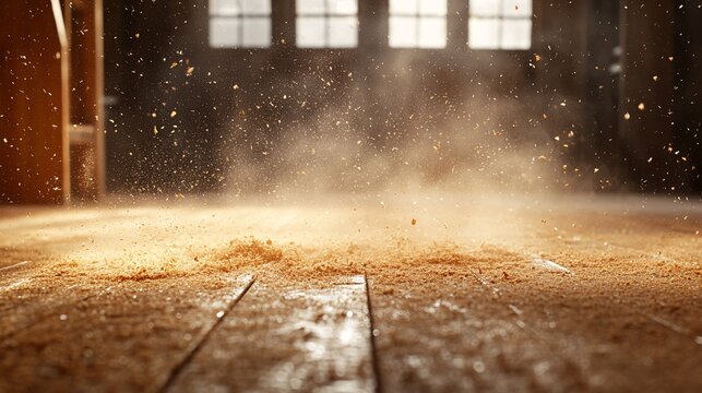 Golden sunlight illuminates floating sawdust particles above a rustic wooden floor in a dusty workshop, symbolizing renovation and craftsmanship