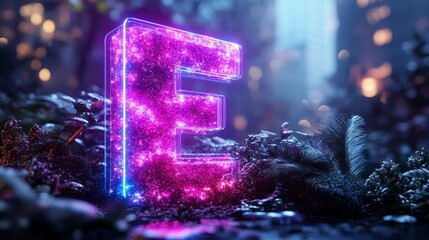 Luminous letter E amidst blurred foliage and city backdrop, creating magical vibe