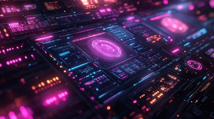 Complex futuristic interface display with geometric shapes and vibrant, neon colors