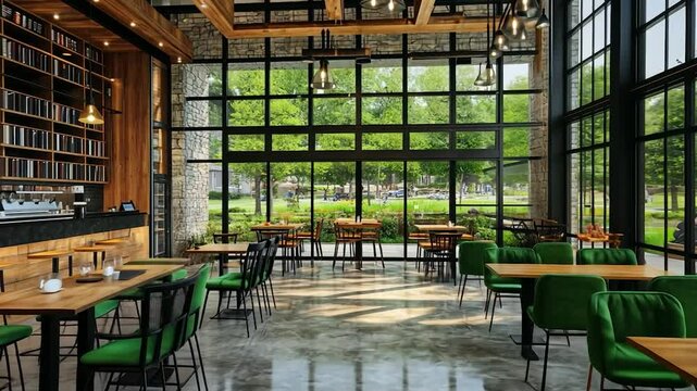 Modern cafe with large windows overlooking a park, featuring wooden furniture and a built-in bookcase