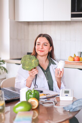 nutritionist demonstrates fresh broccoli and dietary supplements for supporting metabolism and...