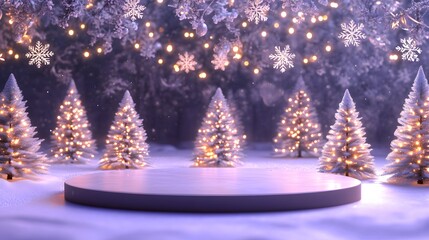 Snowy winter scene with christmas trees and a round podium.