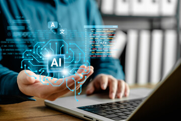 Businesswoman using artificial intelligence technology on laptop with digital brain circuit, machine learning interface, chatbot, and code for smart business innovation and automation system.