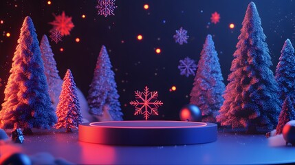 Festive winter scene with illuminated pedestal.