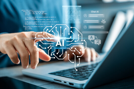 Businesswoman using artificial intelligence technology on laptop with digital brain circuit, machine learning interface, chatbot, and code for smart business innovation and automation system.