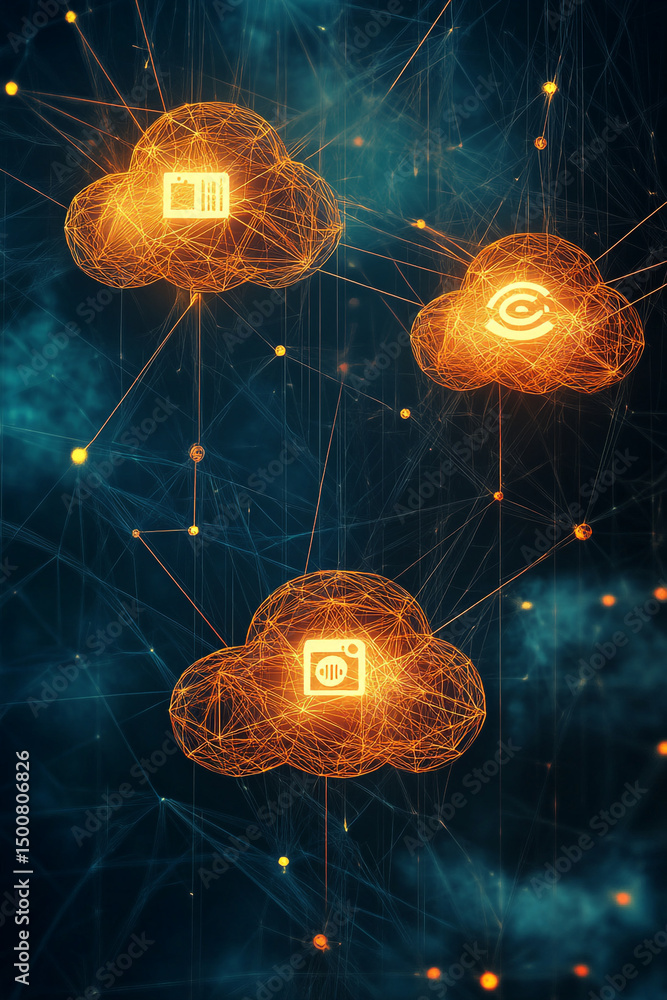 Aufkleber glowing cloud network with connected nodes and icons against a dark blue abstract background design
