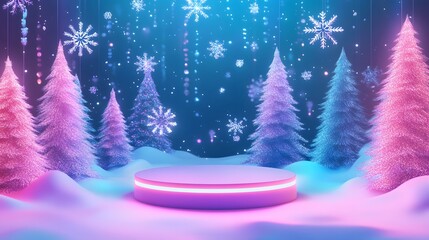 Neon pink pedestal in a winter wonderland scene with Christmas trees.