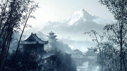 Illustration of a painting of a temple and bamboo trees with a mountain background. Black and white painting background.