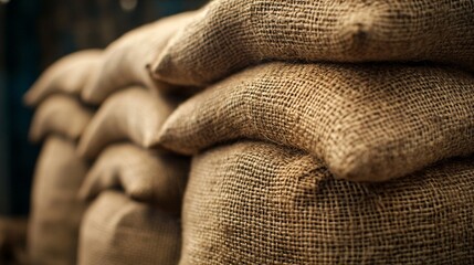 A rustic close-up view of coarse burlap sacks stacked in rows, filled with agricultural goods for trade and export