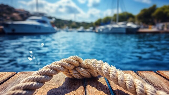 Serene coastal getaway with a close-up of a mooring bollard on a wooden pier by the tranquil blue sea - Powered by Adobe