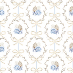 Naklejka premium Watercolor feminine seamless pattern with shells, corals, pearl beads, and bows on a light blue background. Perfect for textile design, wrapping paper