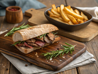 Crujiente bocadillo de filete a la parrilla con patatas fritas doradas