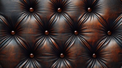 Fototapeta premium Close-up of luxurious dark brown tufted leather with a classic Chesterfield buttoned pattern, ideal for a vintage interior background