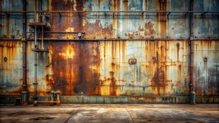 Rustic Industrial Wall Background Weathered Metal Texture with Corroded Pipes and Aged Concrete Floor