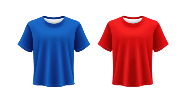 Two colorful t-shirts, one blue, one red, side-by-side