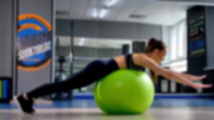 Blurred background of wellness coach stretching on inflatable fit ball, 4K resolution