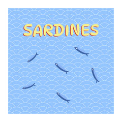 Sardines swimming in blue waves with bold «Sardines» typography. Fun vector design for t-shirts, seafood merch, and nautical apparel.