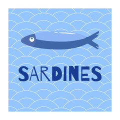 Sardine swimming through indigo waves in sumi-e ink style. 